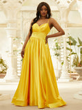 A-Line/Princess Silk like Satin Ruffles V-neck Sleeveless Floor-Length Dresses TPP0004878