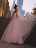 Ball Gown Hand-Made Flower Tulle Long Sleeves Off-the-Shoulder Floor-Length Dresses TPP0001485