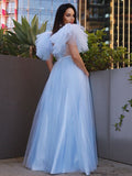 A-Line/Princess Tulle Ruffles Square Short Sleeves Floor-Length Dresses TPP0001605