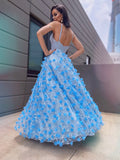A-Line/Princess V-neck Tulle Applique Floor-Length Sleeveless Dresses TPP0001529