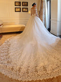 Ball Gown Off-the-Shoulder Cathedral Train 3/4 Sleeves Beading Applique Tulle Wedding Dresses TPP0006251