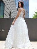 A-Line/Princess Tulle Applique V-neck Sleeveless Floor-Length Wedding Dresses TPP0006313