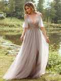 A-Line/Princess Tulle Ruffles V-neck Sleeveless Floor-Length Bridesmaid Dresses TPP0004945