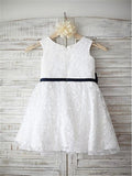 A-line/Princess Scoop Sleeveless Bowknot Tea-Length Lace Flower Girl Dresses TPP0007816