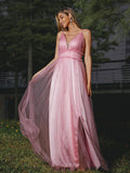 A-Line/Princess Tulle Ruffles V-neck Sleeveless Sweep/Brush Train Bridesmaid Dresses TPP0005008