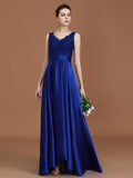 A-Line/Princess V-neck Sleeveless Satin Asymmetrical Lace Bridesmaid Dress TPP0005532