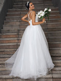 A-Line/Princess Tulle Ruffles V-neck Sleeveless Sweep/Brush Train Wedding Dresses TPP0006579