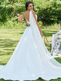 A-Line/Princess Satin Applique V-neck Sleeveless Sweep/Brush Train Wedding Dresses TPP0006501