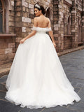 A-Line/Princess Tulle Sleeveless Off-the-Shoulder Ruched Sweep/Brush Train Wedding Dresses TPP0006049