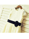 A-line/Princess Scoop Short Sleeves Hand-made Flower Tea-Length Lace Flower Girl Dresses TPP0007929