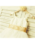 A-line/Princess Spaghetti Straps Sleeveless Lace Tea-Length Tulle Flower Girl Dresses TPP0007846