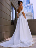 A-Line/Princess Satin Ruched Off-the-Shoulder Sleeveless Sweep/Brush Train Wedding Dresses TPP0006115