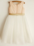A-Line/Princess Tulle Sash/Ribbon/Belt Sleeveless Scoop Knee-Length Flower Girl Dresses TPP0007870
