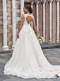 A-Line/Princess V-neck Tulle Applique Sleeveless Sweep/Brush Train Wedding Dresses TPP0005971