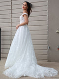 A-Line/Princess Tulle Applique Off-the-Shoulder Sleeveless Sweep/Brush Train Wedding Dresses TPP0006123