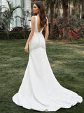 Sheath/Column Sleeveless Stretch Crepe V-neck Ruffles Sweep/Brush Train Wedding Dresses TPP0005945