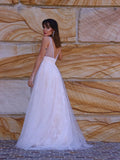 A-Line/Princess Lace Applique V-neck Sleeveless Sweep/Brush Train Wedding Dresses TPP0006061