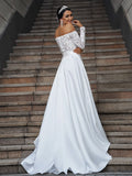A-Line/Princess Satin Lace Off-the-Shoulder Long Sleeves Sweep/Brush Train Wedding Dresses TPP0006508