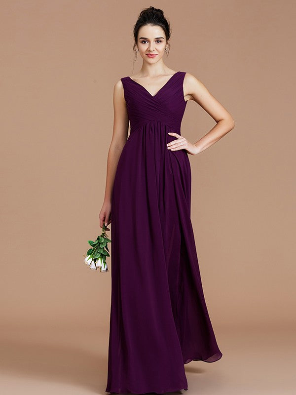 A-Line/Princess V-neck Sleeveless Ruched Floor-Length Chiffon Bridesmaid Dresses TPP0005504