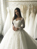 Ball Gown Tulle Scoop Long Sleeves Applique Court Train Wedding Dresses TPP0006337