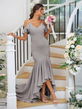 Trumpet/Mermaid Jersey Ruffles V-neck Sleeveless Asymmetrical Bridesmaid Dresses TPP0004937