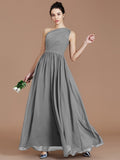 A-Line/Princess One-Shoulder Sleeveless Ruched Floor-Length Chiffon Bridesmaid Dresses TPP0005235