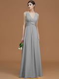 A-Line/Princess V-neck Sleeveless Floor-Length Ruched Chiffon Bridesmaid Dresses TPP0005702