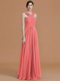 A-Line/Princess Halter Sleeveless Floor-Length Ruched Chiffon Bridesmaid Dresses TPP0005501