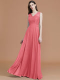 A-Line/Princess V-neck Sleeveless Floor-Length Lace Chiffon Bridesmaid Dresses TPP0005542