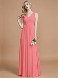 A-Line/Princess V-neck Sleeveless Ruched Floor-Length Chiffon Bridesmaid Dresses TPP0005343
