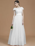 A-Line/Princess Bateau Short Sleeves Floor-Length Sash/Ribbon/Belt Tulle Bridesmaid Dresses TPP0005494