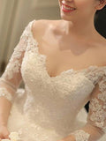 Ball Gown Off-the-Shoulder Cathedral Train 3/4 Sleeves Beading Applique Tulle Wedding Dresses TPP0006251