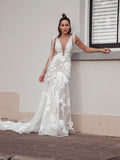 Sheath/Column Tulle Applique Sleeveless V-neck Sweep/Brush Train Wedding Dresses TPP0005908