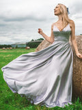 A-Line/Princess Elastic Woven Satin Ruffles V-neck Sleeveless Floor-Length Dresses TPP0004829