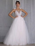 A-Line/Princess V-neck Beading Sleeveless Tulle Floor-Length Wedding Dresses TPP0006108