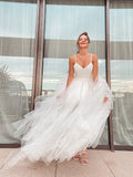 A-Line/Princess Sleeveless V-neck Tulle Ruched Floor-Length Wedding Dresses TPP0006218