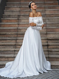 A-Line/Princess Satin Lace Off-the-Shoulder Long Sleeves Sweep/Brush Train Wedding Dresses TPP0006508
