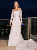 Sheath/Column Lace Off-the-Shoulder Long Sleeves Court Train Wedding Dresses TPP0006120