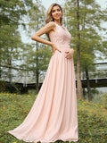A-Line/Princess Chiffon Lace V-neck Sleeveless Floor-Length Bridesmaid Dresses TPP0004989