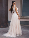 A-Line/Princess Tulle Applique V-neck Sleeveless Sweep/Brush Train Wedding Dresses TPP0006015