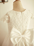 A-Line/Princess Lace Short Sleeves Scoop Bowknot Knee-Length Flower Girl Dresses TPP0007931