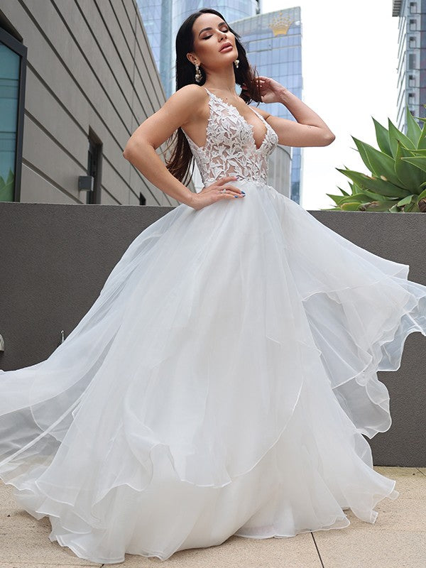 A-Line/Princess Lace Ruffles V-neck Sleeveless Sweep/Brush Train Wedding Dresses TPP0005904