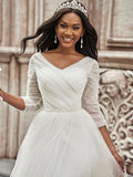 A-Line/Princess Ruched Sweetheart Tulle 3/4 Sleeves Sweep/Brush Train Wedding Dresses TPP0005935