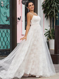 A-Line/Princess Lace Ruffles Spaghetti Straps Sleeveless Sweep/Brush Train Wedding Dresses TPP0006402
