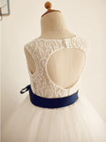 A-Line/Princess Tulle Sash/Ribbon/Belt Scoop Sleeveless Tea-Length Flower Girl Dresses TPP0007803