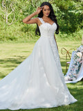 A-Line/Princess Lace Applique Sweetheart Sleeveless Sweep/Brush Train Wedding Dresses TPP0005900