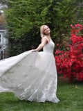 A-Line/Princess Tulle V-neck Sleeveless Applique Court Train Wedding Dresses TPP0006734