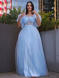 A-Line/Princess Tulle Ruffles Square Short Sleeves Floor-Length Dresses TPP0001605