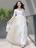 A-Line/Princess Lace Ruffles Off-the-Shoulder 1/2 Sleeves Sweep/Brush Train Junior/Girls Bridesmaid Dresses TPP0005885