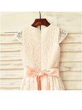 A-line/Princess Scoop Hand-made Flower Short Sleeves Tea-Length Lace Flower Girl Dresses TPP0007819